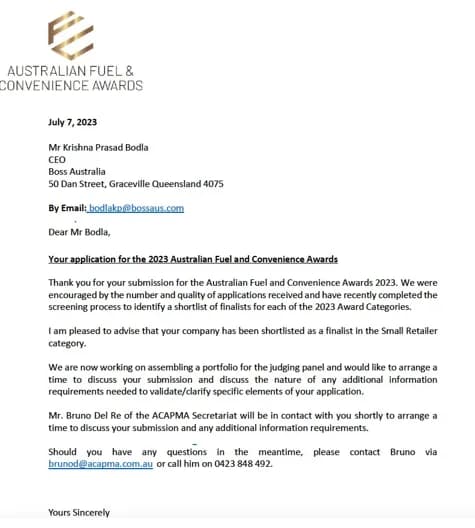 Letter shortlisting BOSS Australia as a finalist in the 2023 Australian Fuel and Convenience Awards