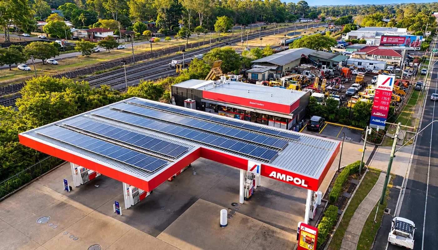 Aerial view of an Ampol fuel station