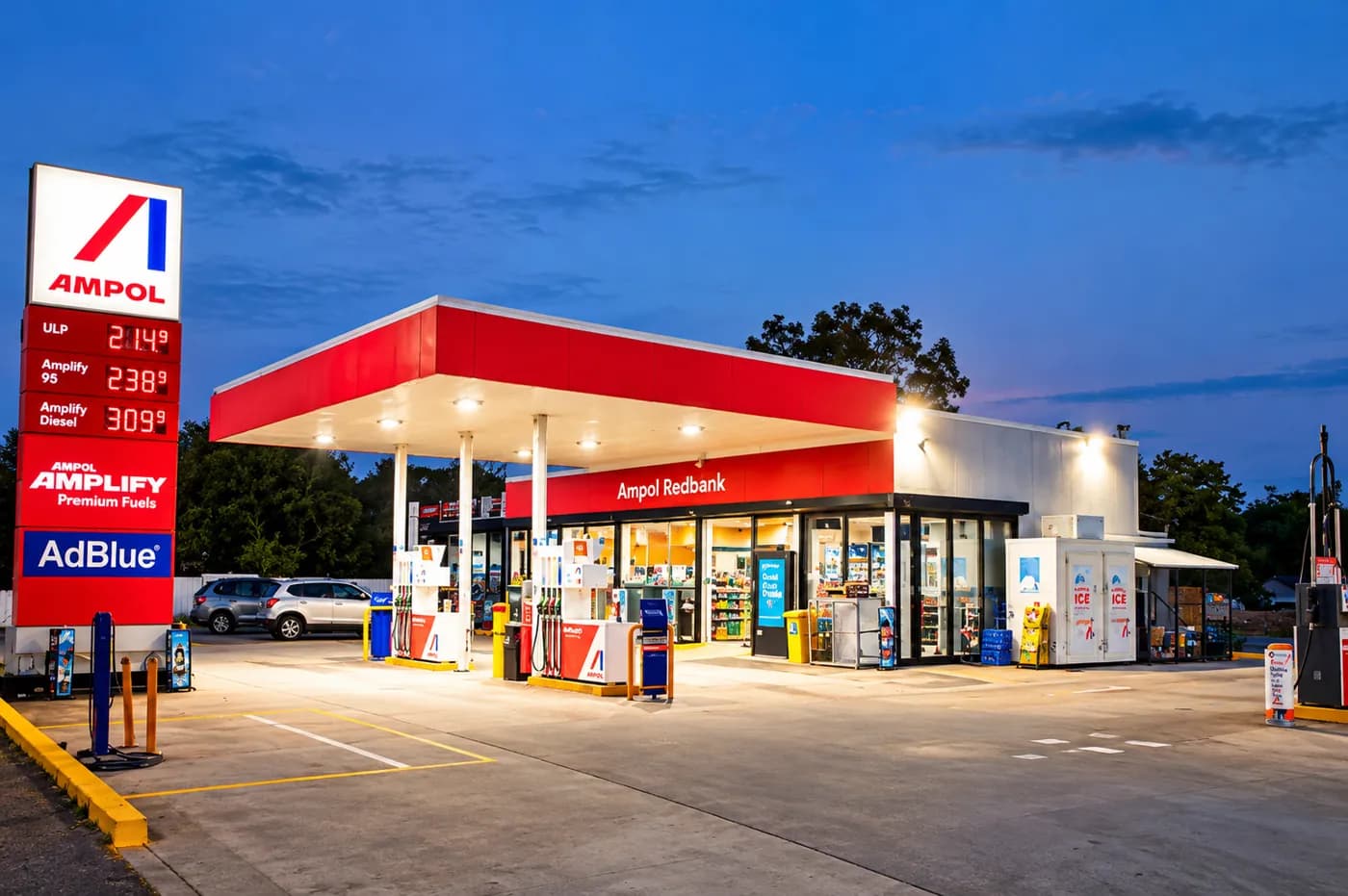 Ampol Redbank service station at dusk
