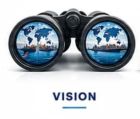 Binoculars reflecting a world map — our vision