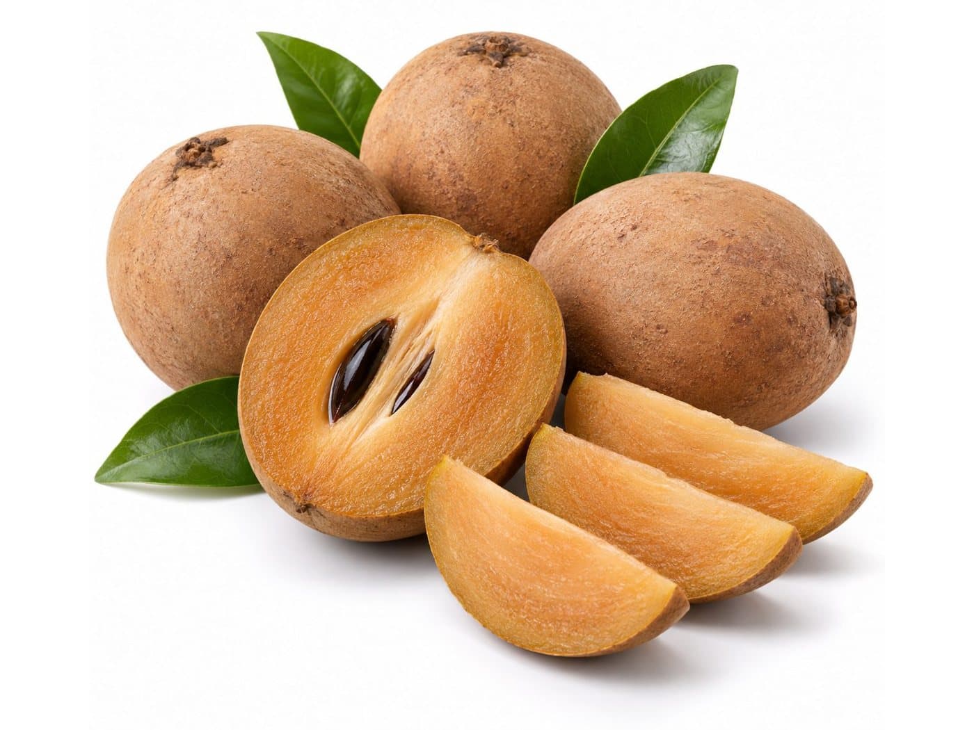 Fresh chikoo, whole and cut