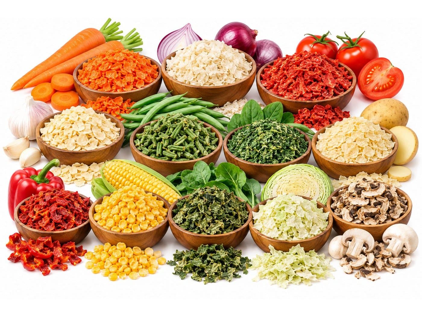 Bowls of dehydrated vegetables, flakes and powders
