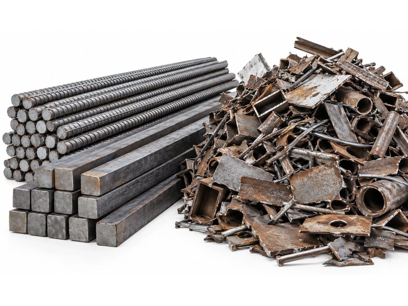 Steel bar stacks and a pile of iron scrap