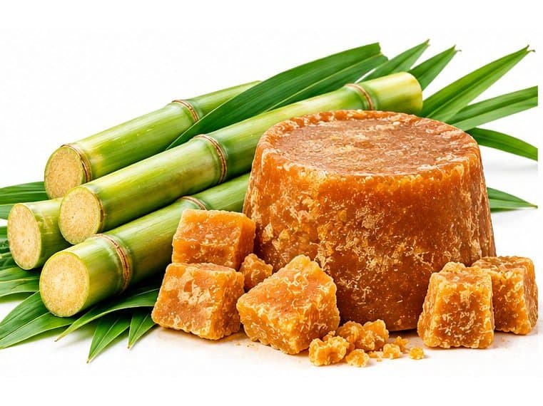 Blocks of cane jaggery beside sugarcane