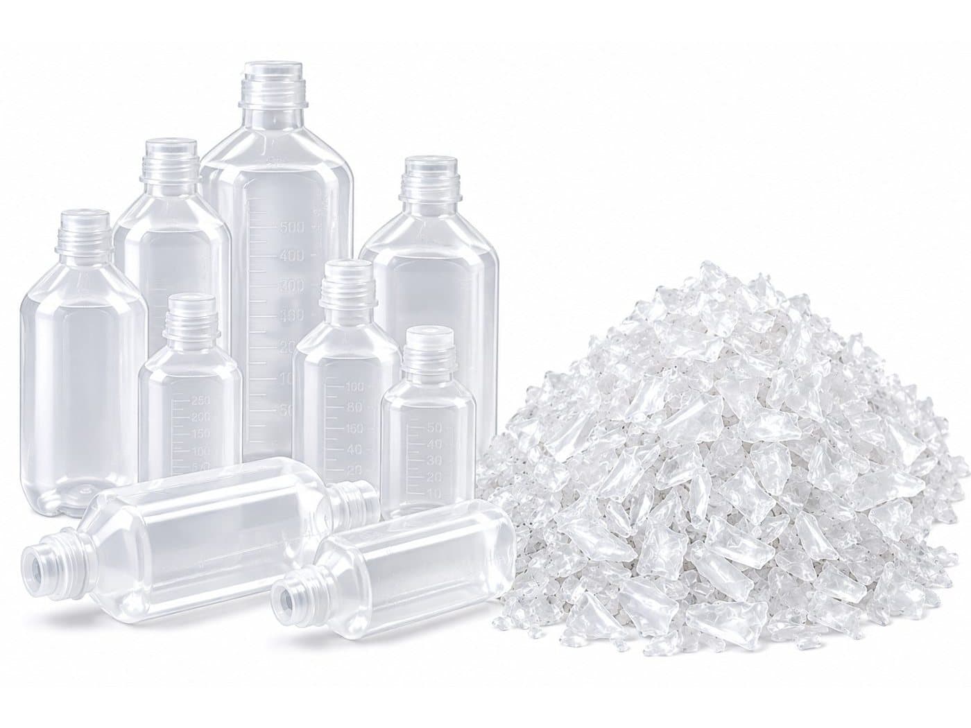 Clear medical bottles beside recycled plastic flakes