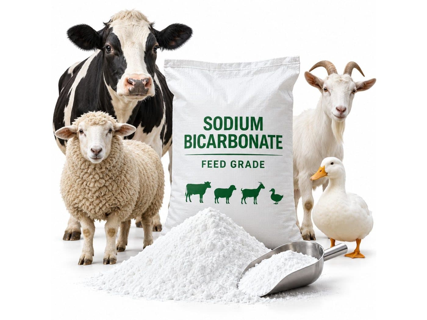 A bag of feed-grade sodium bicarbonate with farm animals
