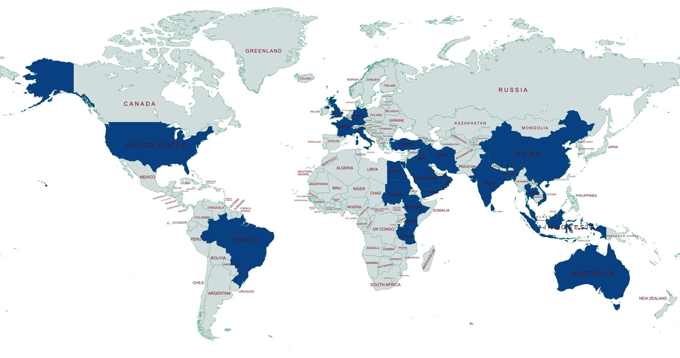 BOSS Group presence map — India, Australia, the United States, Brazil, the UK and Europe, the Middle East, East Africa, China and Southeast Asia