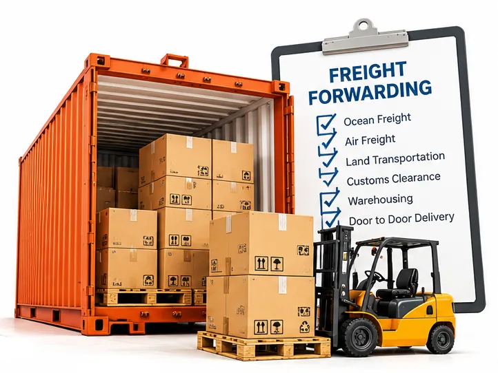 An open container of cartons with a forklift and a freight-forwarding checklist