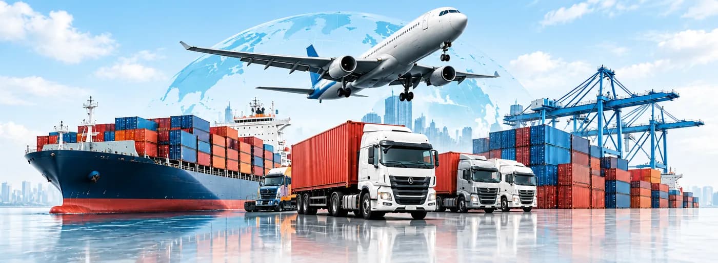 A container ship with cargo planes and lorries — sea, air and road connections