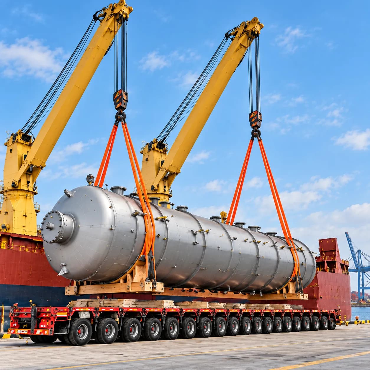 Ship cranes lifting a large industrial vessel onto a multi-axle trailer