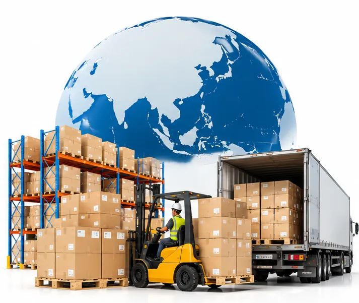 Warehouse racking with a forklift loading a lorry in front of a globe