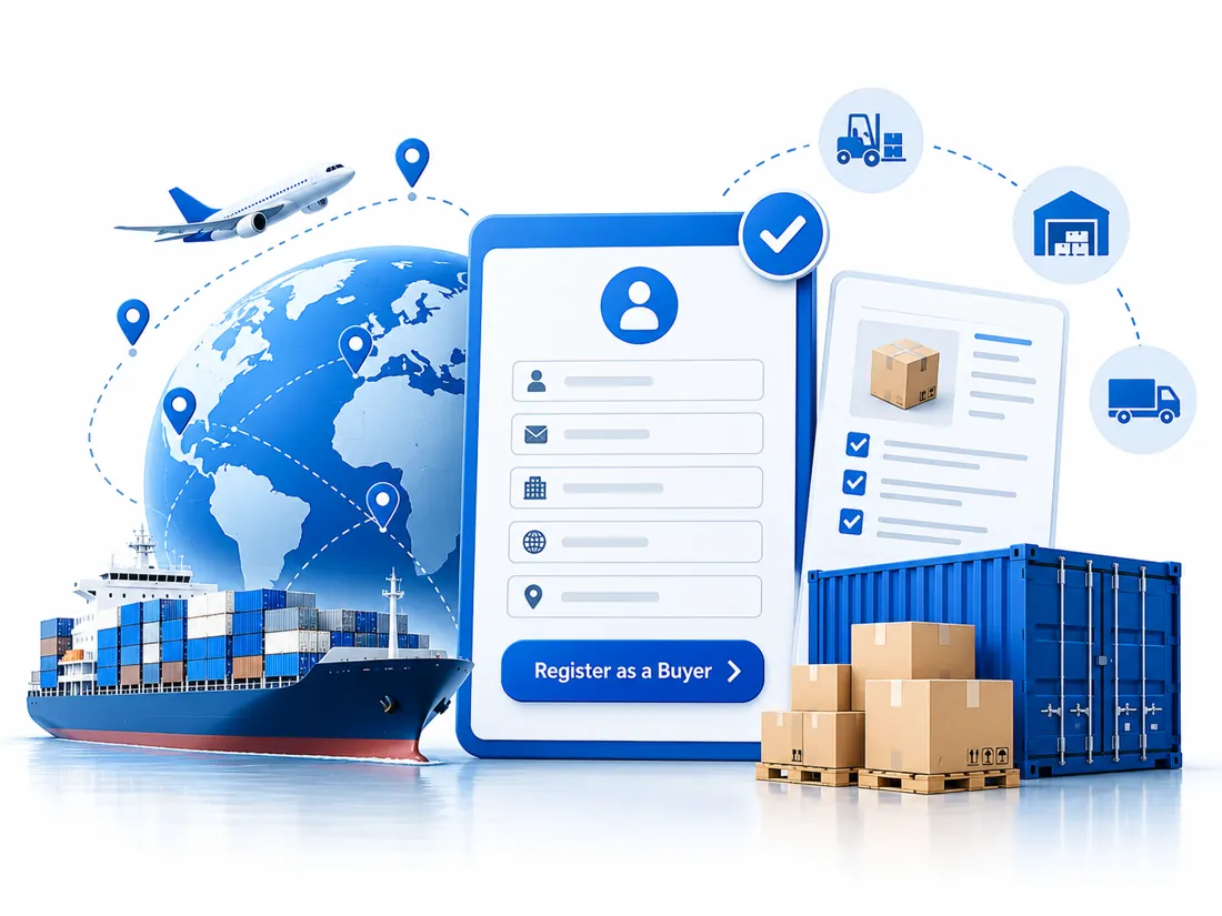 Buyer registration illustration with a container ship, cargo and a registration form