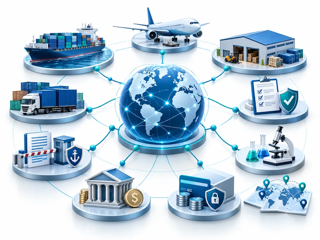 Strategic partner network illustration linking shipping, air freight, warehousing, inspection and finance