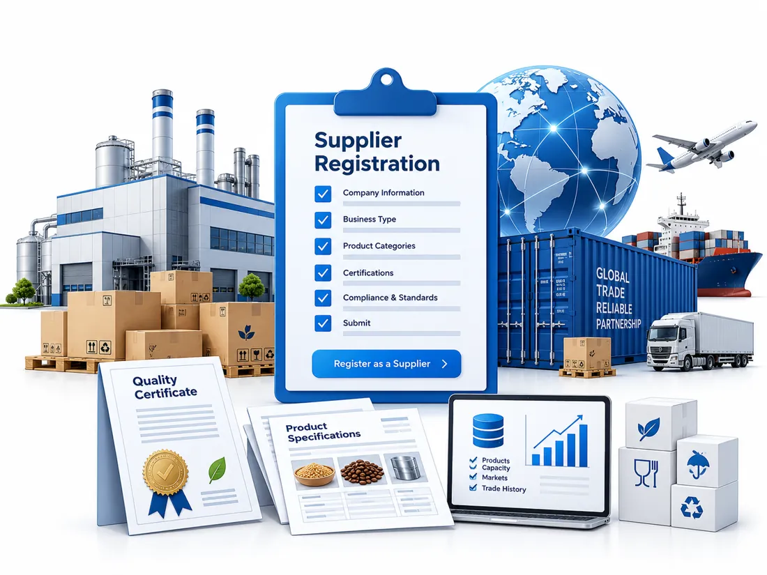 Supplier registration illustration with a factory, certificates and a registration checklist